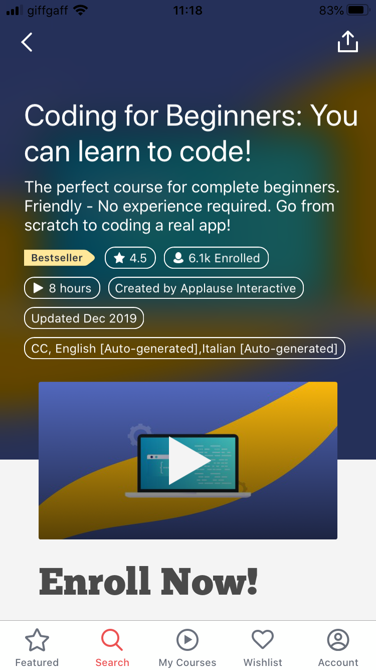 Coding For Beginners Course Screen on Udemy